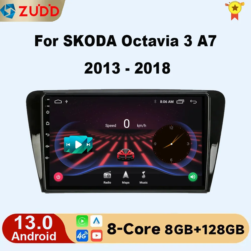 Autoradio Android 13.0, Navigation GPS, Écran Partagé, 4G, Lecteur Vidéo, 2 Din, Limitation, pour Voiture Volkswagen SKvocation Octavia 3 A7 (2013-2018)