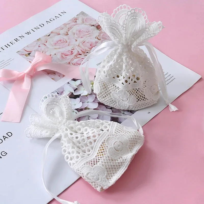 10x14cm White Small Hole Lace Bag Ornaments Storage Bag Jewelry Boxes and Packaging Organizer Milk Silk Creative Drawstring Bag