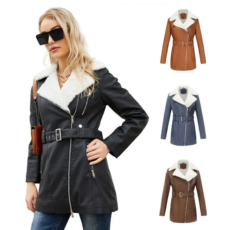 2023 Women Fashion Teddy Panel Zip Up Belted Patent PU Leather Winter Coat Vintage Lapel Outerwear Mujer