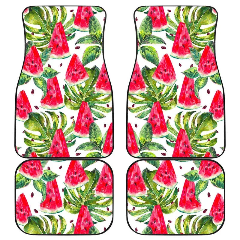 White Tropical Watermelon Pattern Print Front and Back Car Floor Mats    Heavy Carpet Front and Rear Full Set 4PCs Pack