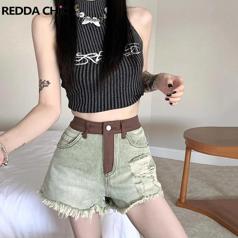 

ReddaChic Patchwork Vintage Cowgirl Denim Shorts Ripped Holes Raw Hem Bootypants High Rise A-line Short Bottoms Women Streetwear