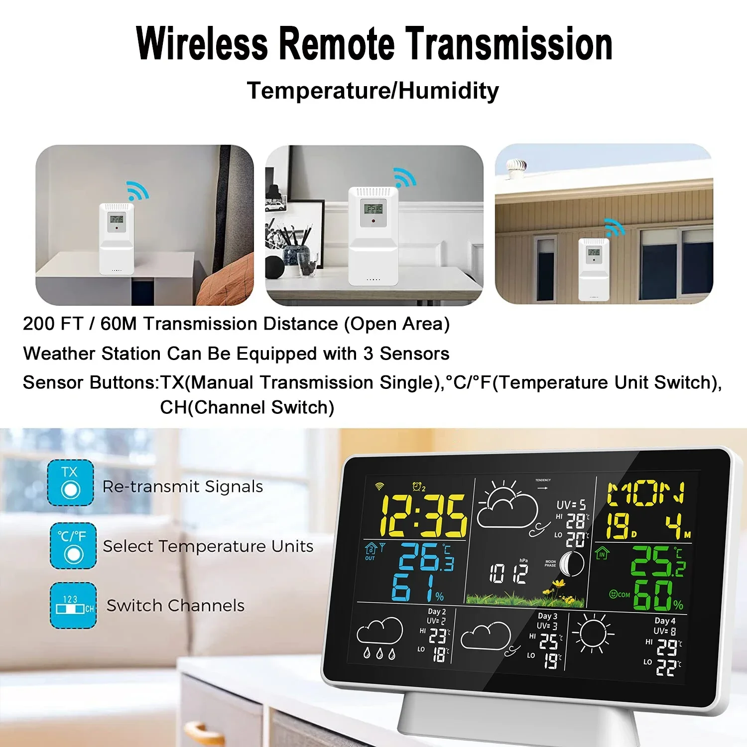 Kolorowy ekran Inteligentna stacja pogodowa Temperatura Ciśnienie atmosferyczne Funkcja przypomnienia szczytowego, funkcja kalibracji czasu WIFI