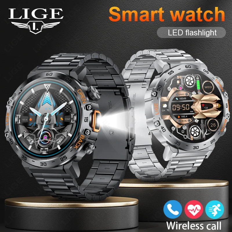 

LIGE 2025 Smart Watch Men 360*360 AMOLED HD Screen Waterproof Sport Fitness Watches Flashlight New Men Smartwatch For Andrio IOS