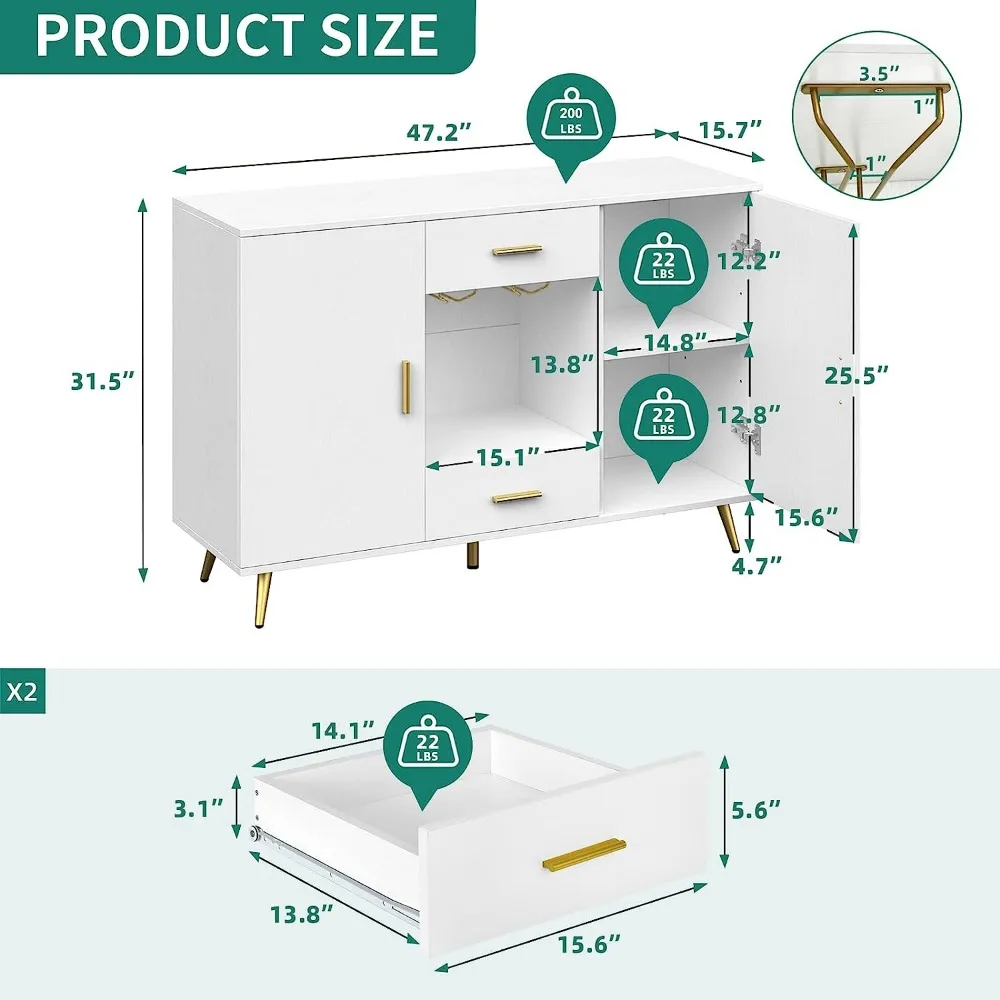 Cajón de estante para vino, aparador moderno, y dorado color blanco, capacidad de 300 libras, adecuado para sala de estar, barra de autoservicio