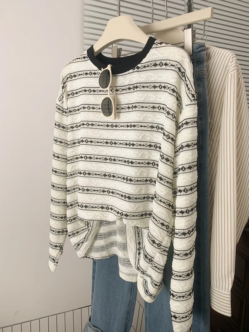 Unisex Long Sleeve Striped Cotton T-Shirt Fashionable Summer Sun Protection Loose Fit round Neck DK Melissa Brand