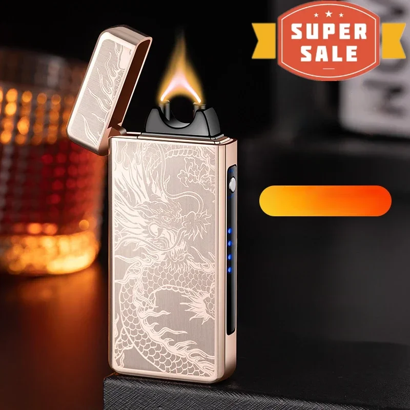 Encendedor Ciga de arco Extra grande dorado, encendedor con carga USB, encendedor electrónico de llama a prueba de viento de Plasma