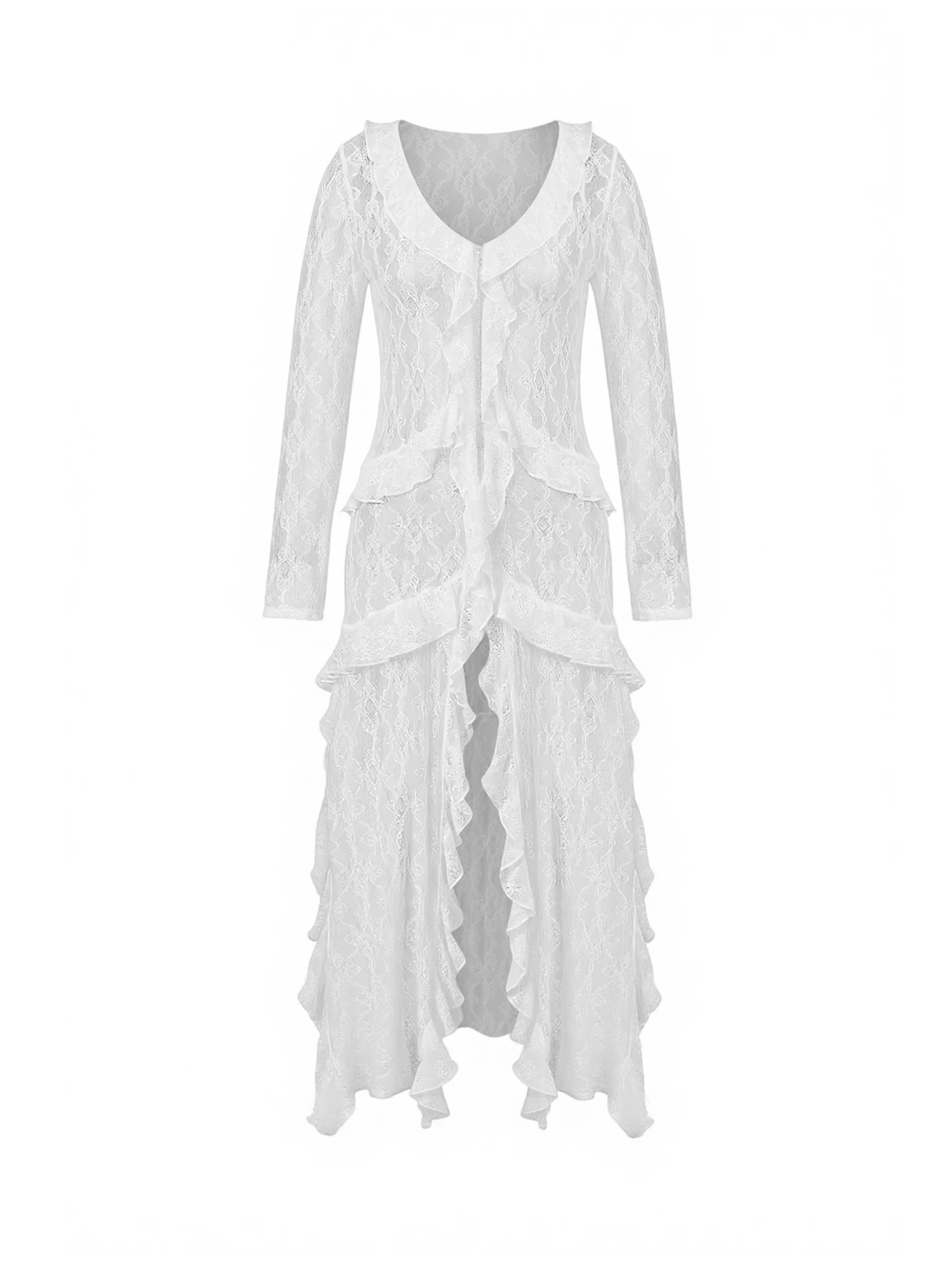 

Women s Spring Lace Mesh Tops Lightweight Long Sleeve V Neck Loose Fit Button Down Ruffled Layering Shirt Cover Up