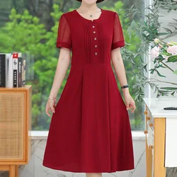Simplicity Womens Clothing Solid Color Button A-line Skirt Summer Clothes Pleated Net Yarn Patchwork Short Sleeve Pockets Dress