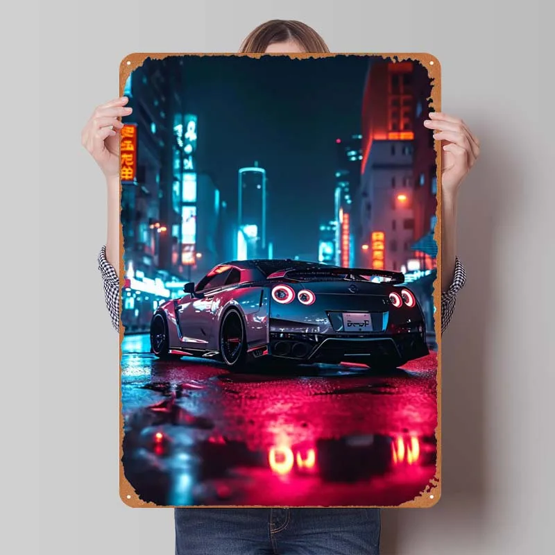 Nissan GTR R35 Neon City Neon Sign Vintage Tinplate Wall Art Dekoration Funny Metal Signs for Game Room Bar Wall Decoration Home