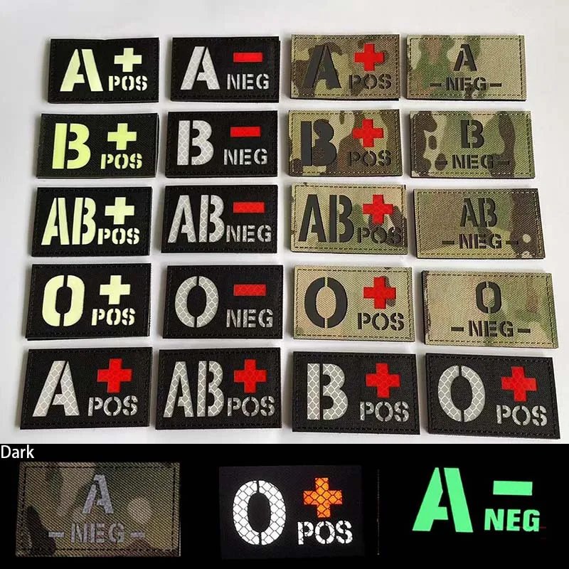 5*8CM Camouflage,Black Blood Type A B AB O NEG POS Fabric Badges Infrared in the Dark,Military tactical Patch With Hook and Loop