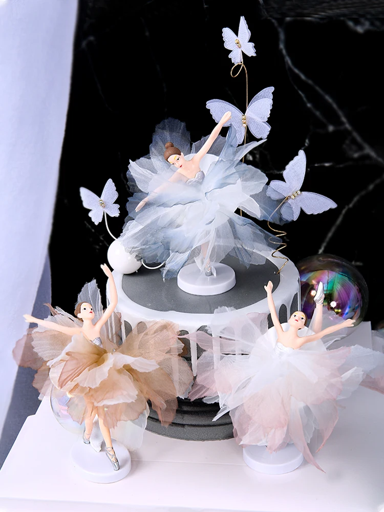 White Pink Ballet Girls Decoration Hook Flower Happy Birthday Cake Topper Wedding Bride for Party Supplies Baking Love Gifts