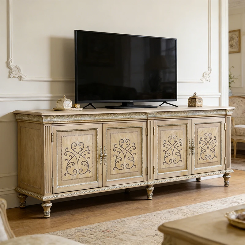 !@Relible Packing Home Furniture Elegant Carved French Solid Wood Handmade Living Room TV Stands for Hotel Use