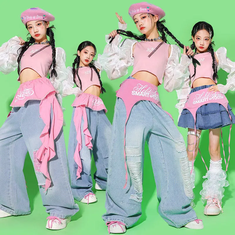 

Одежда Kpop для девочек, костюм для джазового танца, наряд для выступления на сцене, розовый жилет, джинсовые брюки, детский модный костюм, модная уличная одежда 3193
