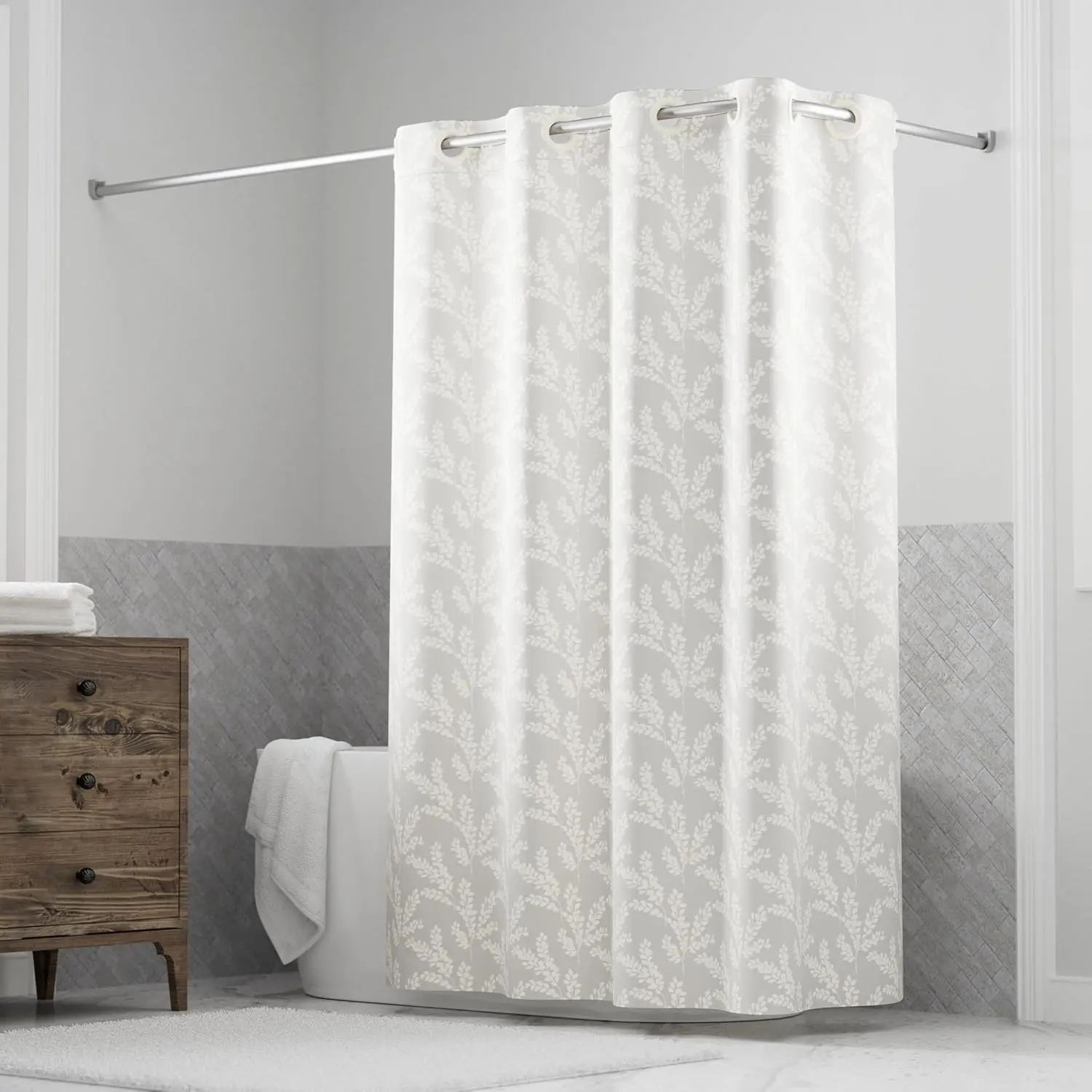 

It's A Snap! Jacquard Shower Curtain, 3-in-1 Curtain Includes Fabric Shower Curtain with Flex-On Rings & Fabric Liner wi