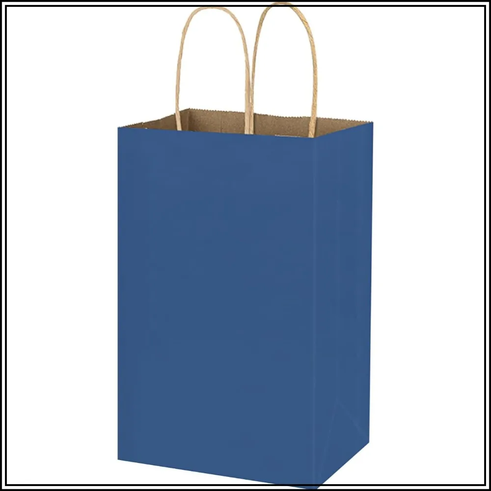 50 Pack 5.25x3.25x8 Inch Small Kraft Paper Gift Bags with Handles Bulk for Party Favors, Shopping, Wedding, Craft (Blue)