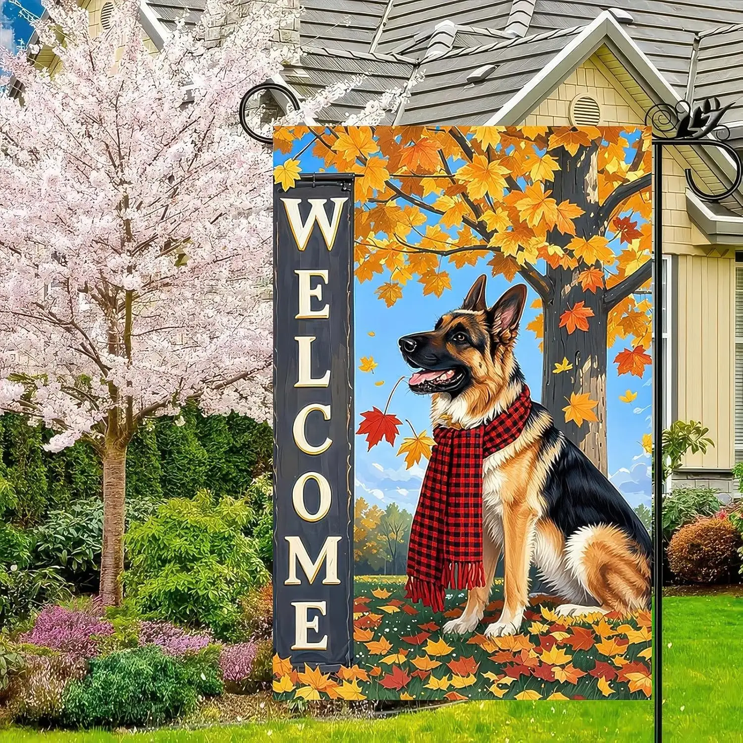 Thanksgiving Fall Garden Flag 12x18 Inch Welcome German Shepherd Flag Double Sided Outdoor Autumn Yard Banner with Dog and L UUN