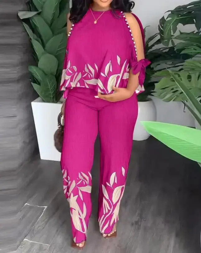 Women Pants Sets Two Piece Round Neck Elastic Waist Wide Leg Pants Print Floral Beading Casual Slight Strech Pullover 2023