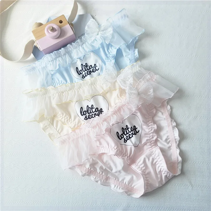 Mutandine da donna adorabili e carine in seta di latte, volant in rete, principessa Lolita, elasticità traspirante, biancheria intima a forcella alta