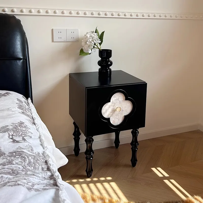 French retro solid wood locker, living room side four-leaf clover shell bedside storage cabinet, ancient bedside table