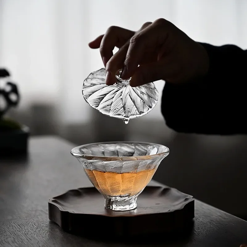 Japanese Style Crystal Glass Tea Cup Set Heat Resistant Thickened Teacup with Lid Elegant Gift Box for Home Office Drinking