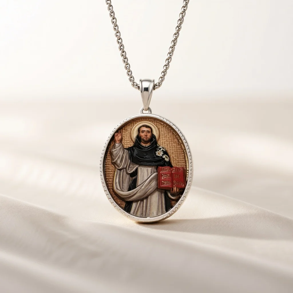 Saint Dominic Oval Relief Medal Pendant Necklace Silver Twisted Chain Catholic Jewelry Gift For Devout Religious Believers