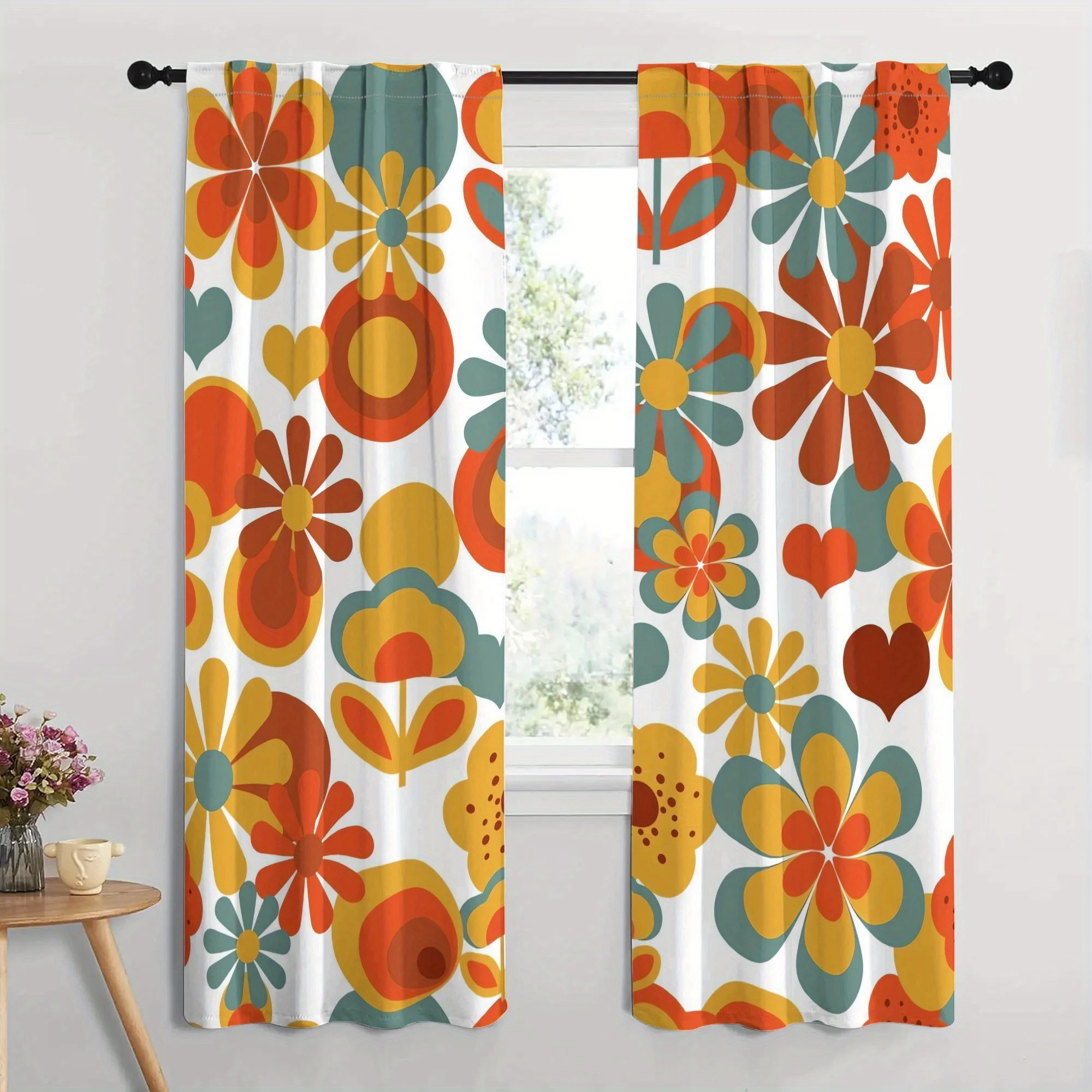 Colorful Abstract Floral Geometric Curtains 2pcs Pair Modern Boho Window Curtains for Living Room Home Decor Accent