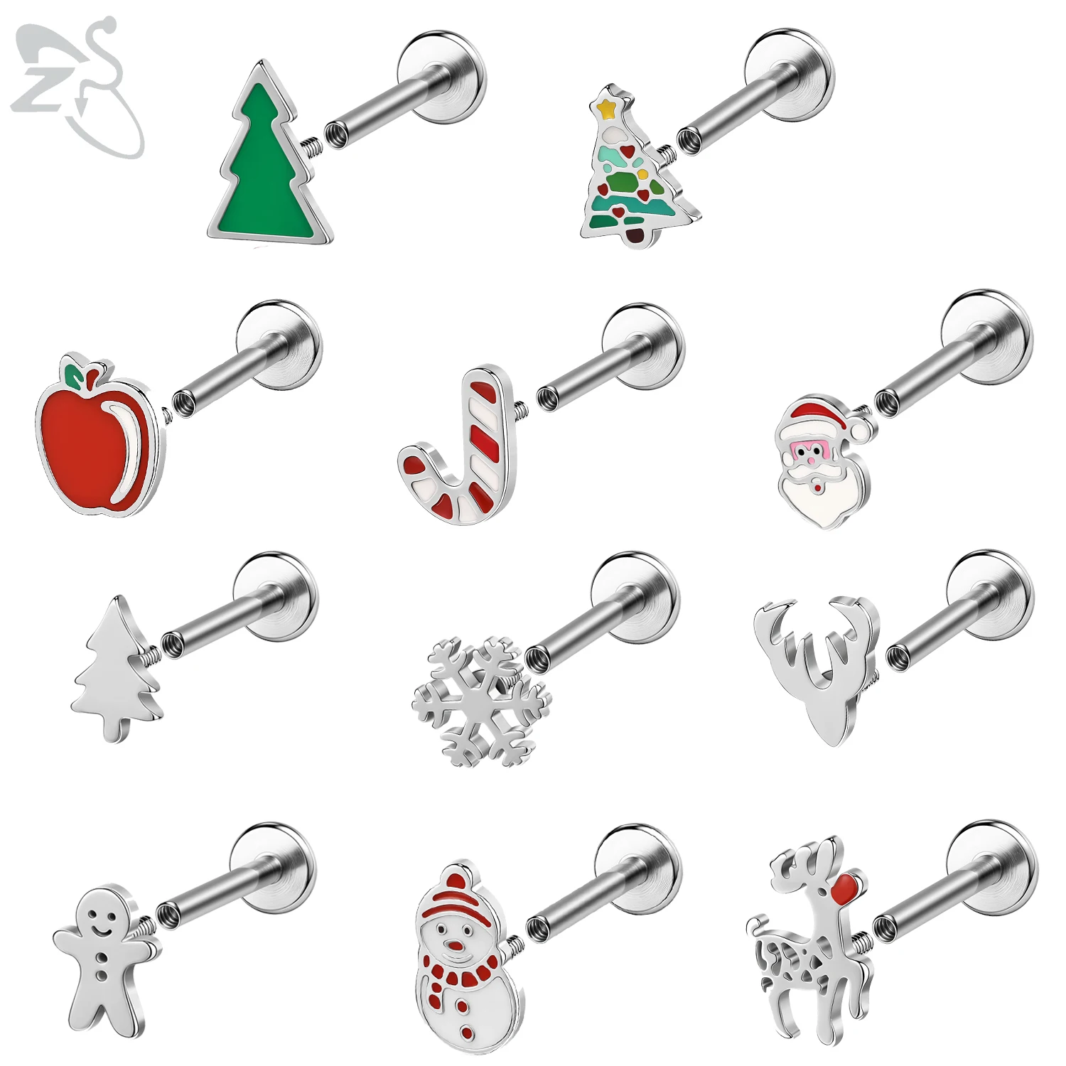 ZS 1PC 16G Stainless Steel Lip Ring Internal Thread Labret Piercing Ear Stud Snowflake Snowman Cartilage Earrings Jewelry