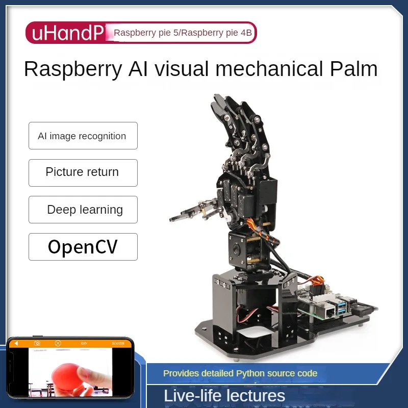Ręka mechaniczna 5 DOF z palcami, AI Vision, rozpoznawanie UHandPi, śledzenie, programowalny robot dla Raspberry Pi 4B/5, zestaw DIY robota