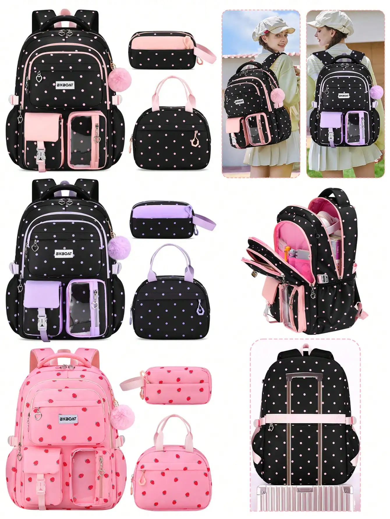 BXboat 3pcs/Set Strawberry Backpack Set For Teenage Girls, Including Backpack, Lunch Bag And Pencil Case, Lightweight &Cute Design, 15.6" Laptop Backpack With Trolley Handle, Suitable For School, Outdoor, Travel, University, Large Capacity & Smooth Zipper
