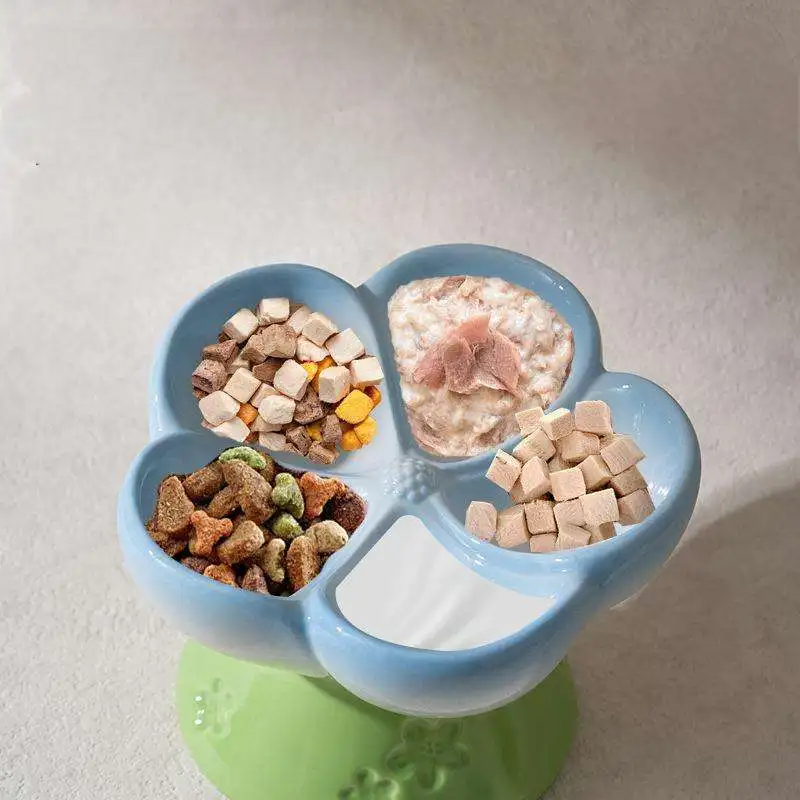 Ceramic Cat Divided Bowl Flower Shape 5 Sections, 4 Inch Elevated Slow Feeder,Separates Dry Wet Food Treats, High-End Pet Dish