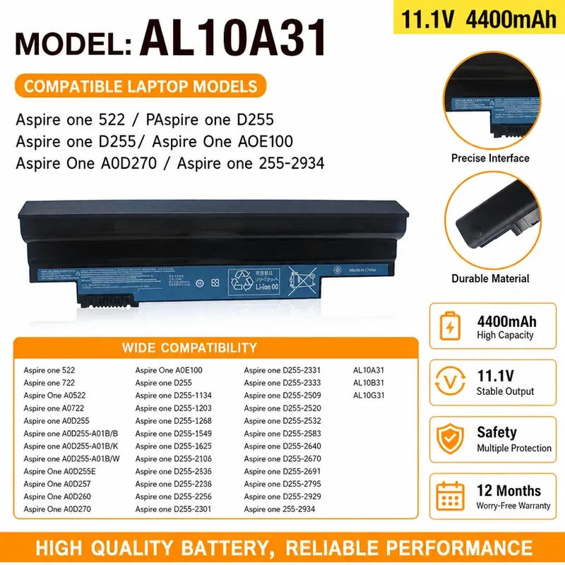 Applicable to Acer Aspire one D255/AL10A31 522 AOE100 AOD255E battery