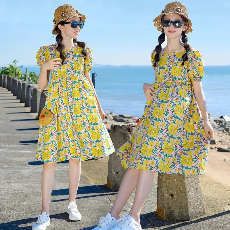 Baby Girl Dress Fresh Summer Girls Foundation Yellow Print Skirt Full Cotton Loose Dress Holiday Little Girl Princess Dresses