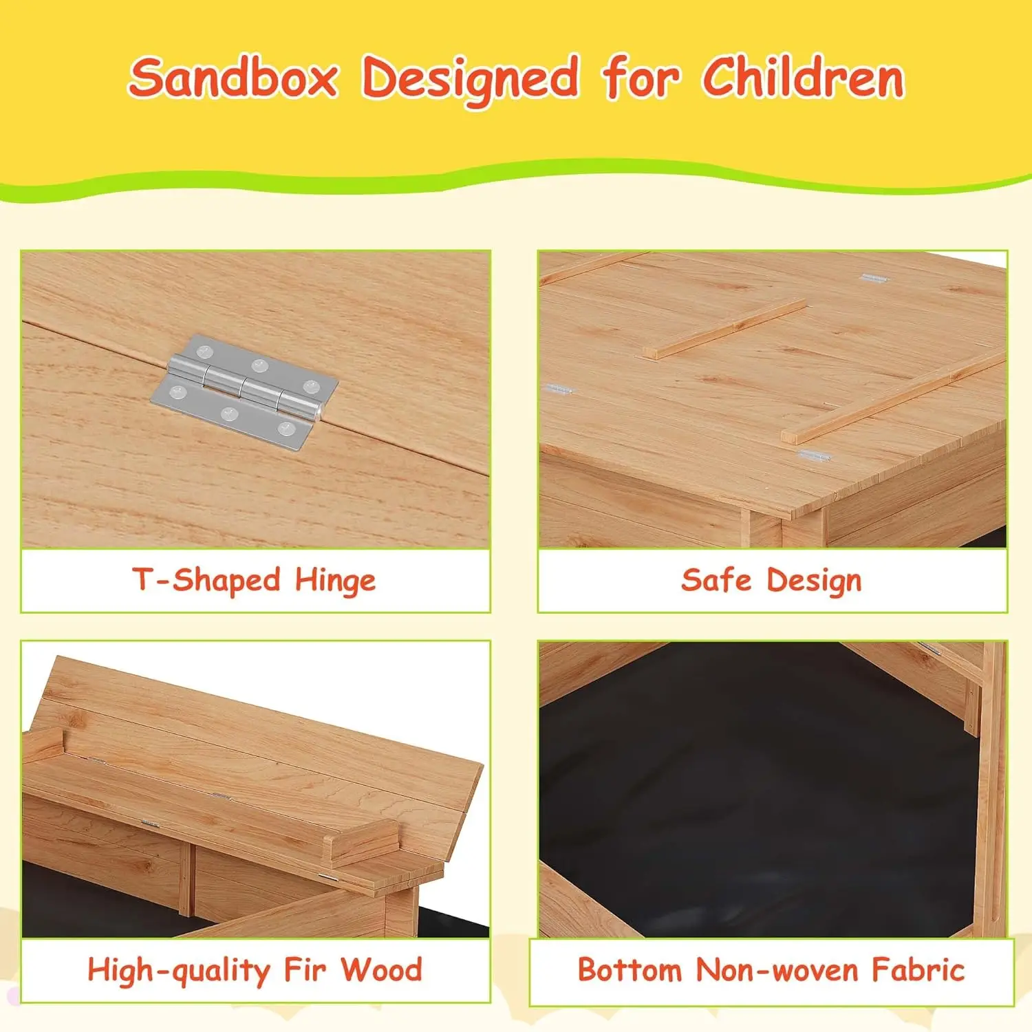 Holz-Sandkasten mit Abdeckung/Deckel, Sandkasten mit 2 Sitzbankn und Bodenfutter, Outdoor-Sandgitter für Kinder/Kleinkinder/Kinder, Perfe