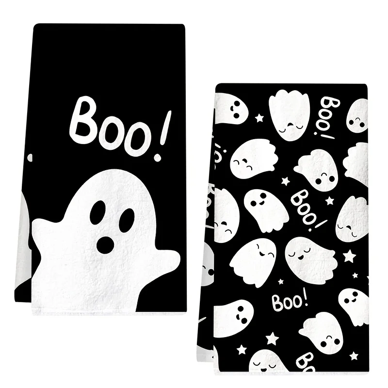 2 packs of Halloween kitchen towels, ghost BOO design dish towels, black and white soft and absorbent microfiber hand towels