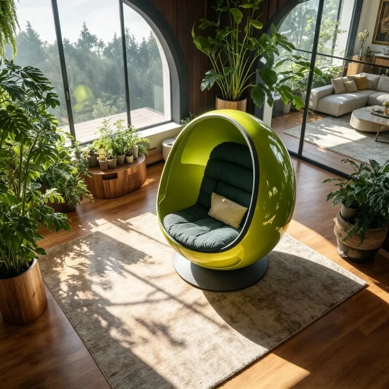 Modern egg-shaped swivel lounge chair, with a smooth capsule-shaped single sofa in the living room