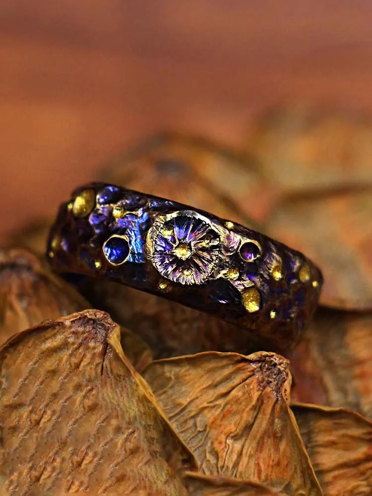 1 Piece Titanium Alloy Hand Engraved Starry Night Ring
