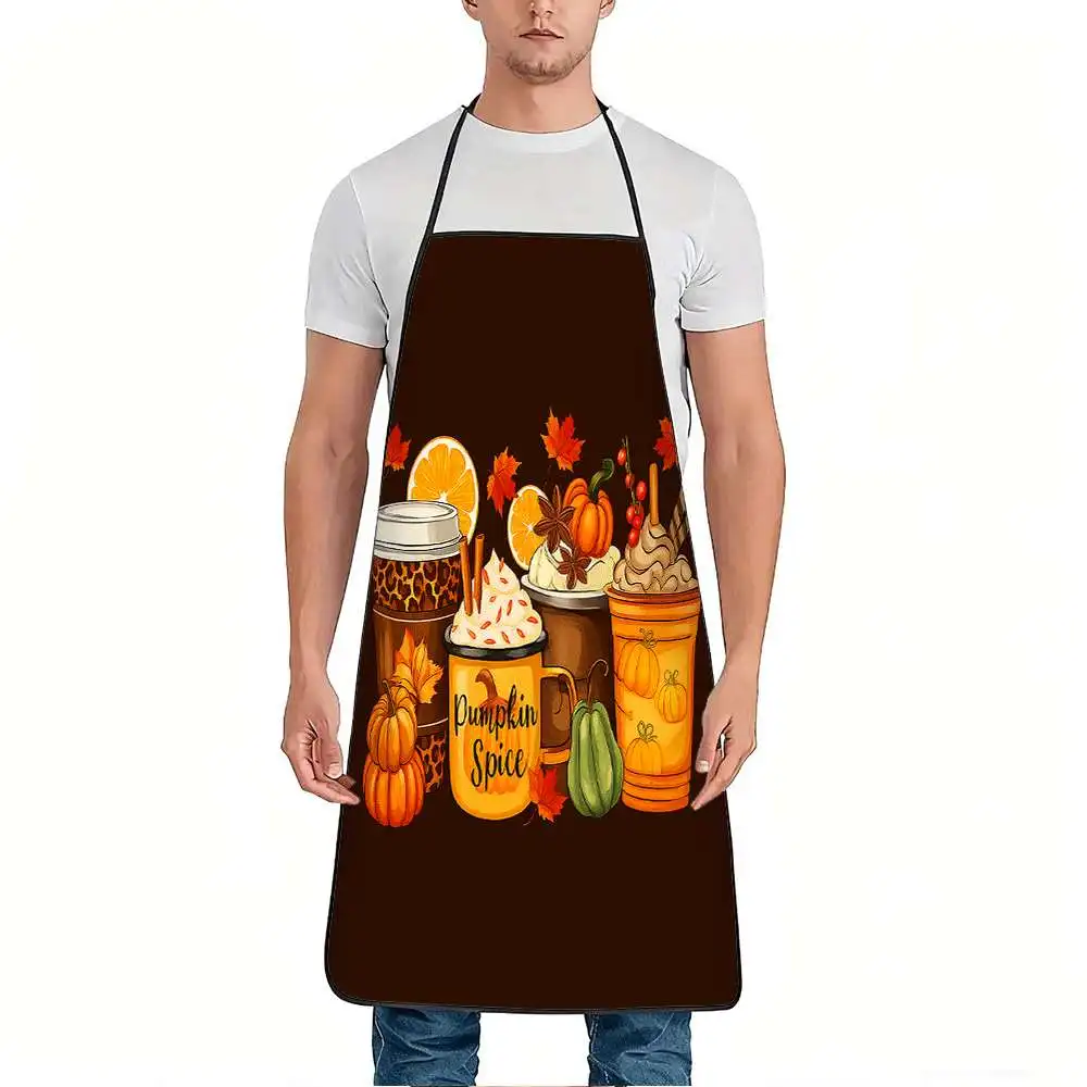 Autumn Pumpkin Spice Latte Apron, Fall Coffee Cup & Maple Leaf Kitchen Bib, Cute Thanksgiving Gift for Women Mom Cooking Baking