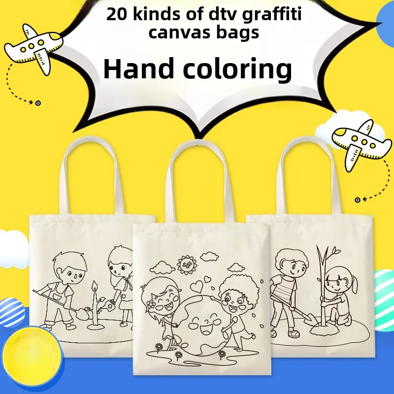 DIY hand-painted coloring graffiti painting children's cartoon canvas tote bag custom logo cotton bag custom