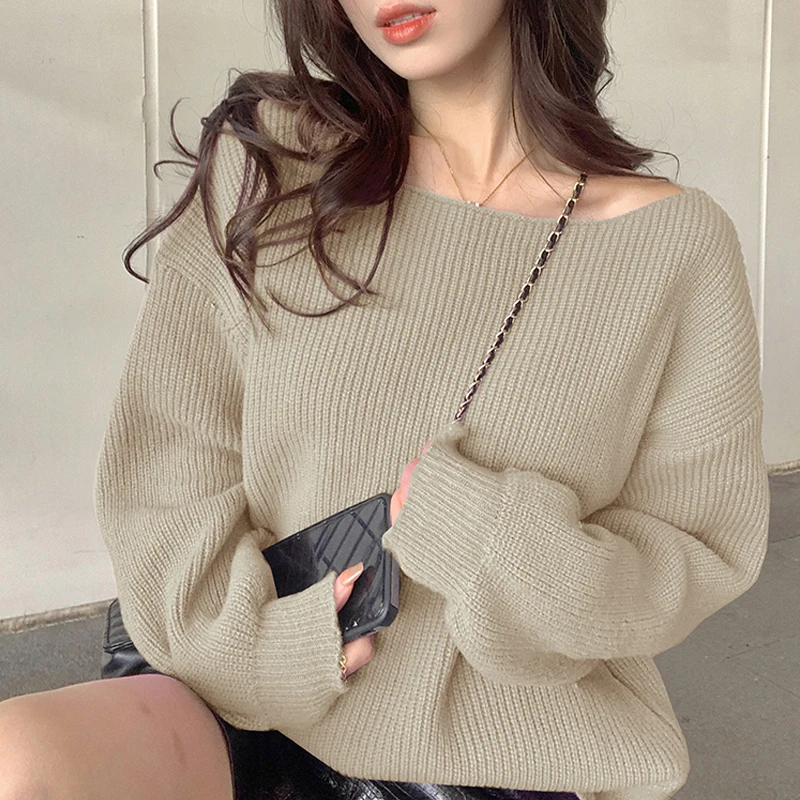 

2023 One Line Neck Knitted Sweaters Autumn Winter Thick Simple Pullover Sweater for Women Loose Solid Color Jumper Tops 29089