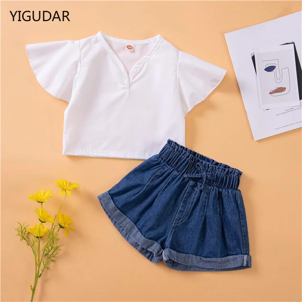 

Baby Girls Clothes Sets Short Sleeve Off Shoulder Plaid T-Shirts Tops Denim Shorts 2pcs For 2-9Y Summer Toddler Fashion Clothes