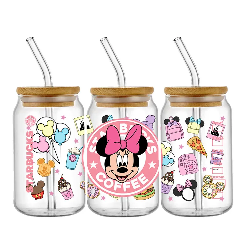 Cartoon Disney Micky Snacks 16OZ UV DTF Cup Wraps Transfer Sticker For Glass Libbey Can Bottle Selfadhesive Washable DIY Custom