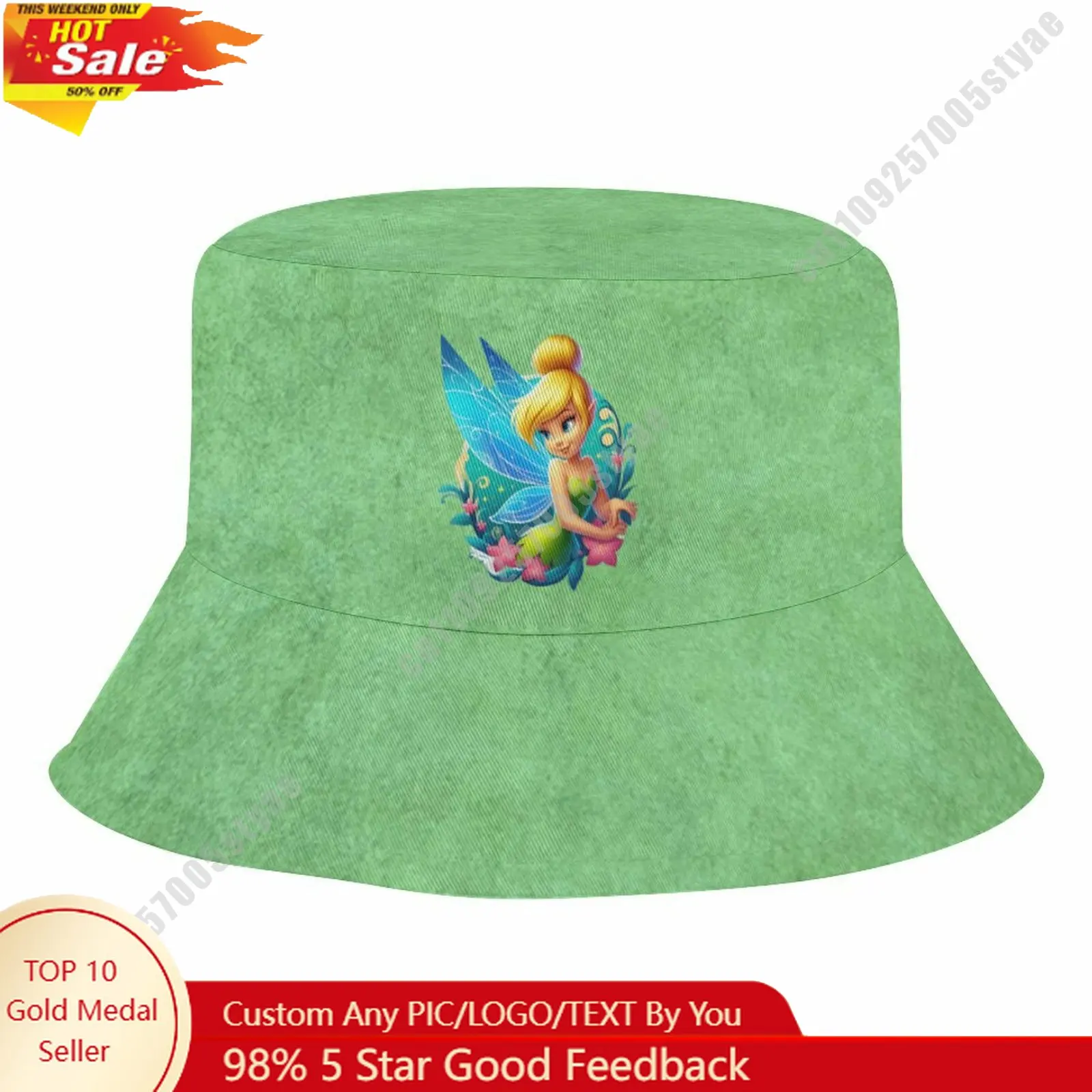 

Tinker Bell Bucket Hat Disney Cartoon Character Custom Design Upload Your Image Logo Fisherman Hat 50–54cm Head Circumference