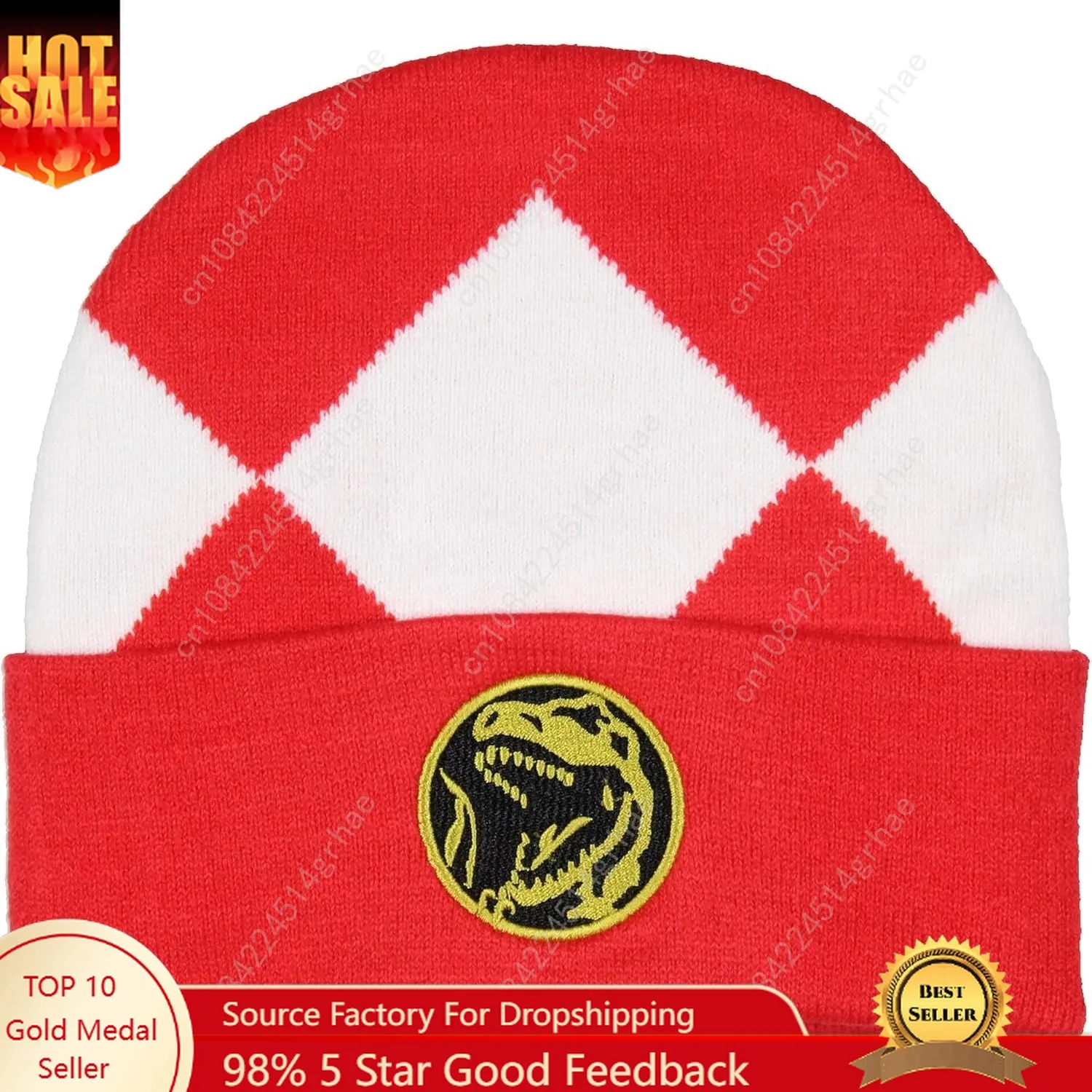 

Red Ranger Beanie Mighty Morphin Power Ranger Embroidered Dino Coin Knit Cuff Adult Beanie Winter Cap OSFM for Men Women