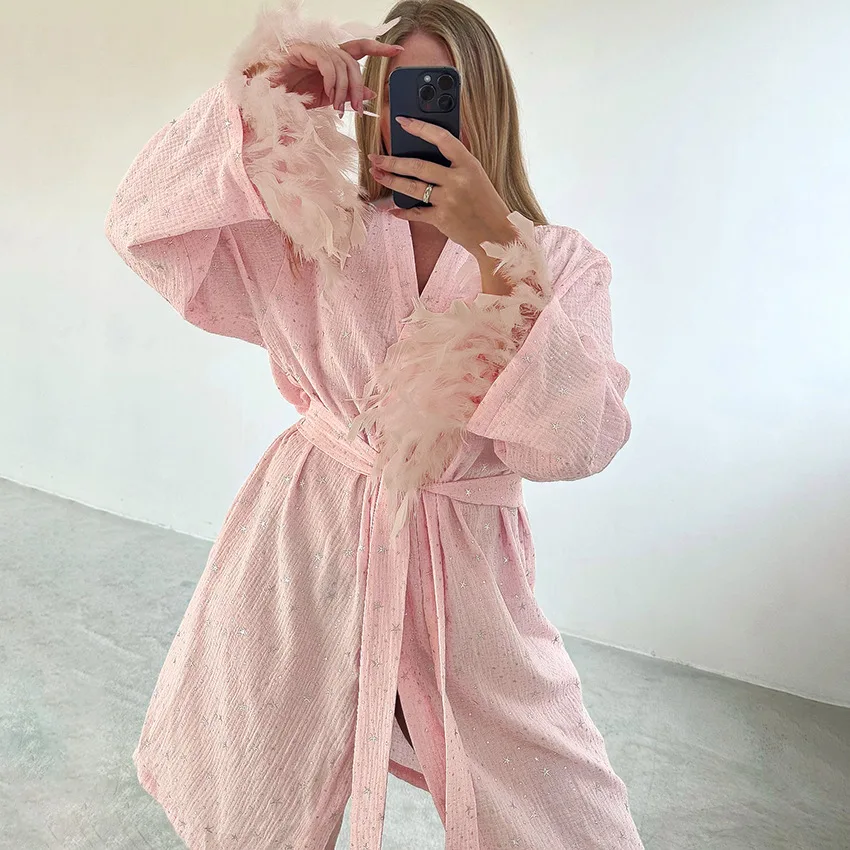 Chic 2026 Summer Pink Bubble Wrinkled Cotton Pajamas Diamond Long Sleeves Splicing Feather Short Nightgown Women Loungewear Y2K