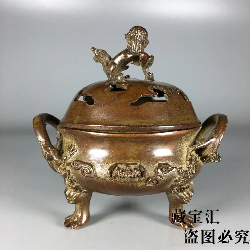 Handmade Daming Xuande Rui Beast Three-legged Ding Double Dragon Ear Incense Burner Pure Copper Lion Copper Furnace Objects