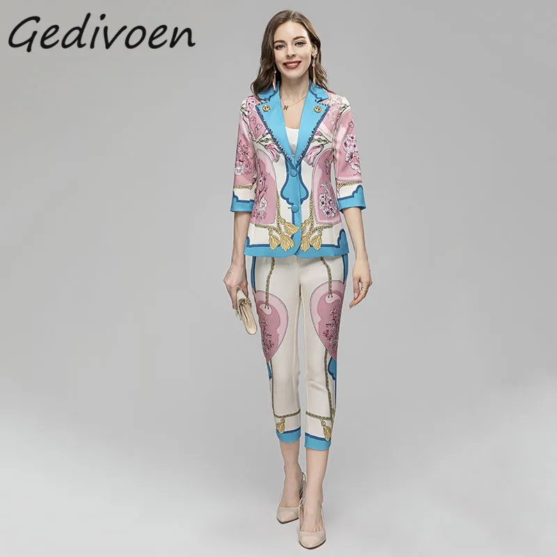 

Gedivoen Summer Fashion Runway Vintages Print Pants Set Women's Turn-down Collar Button Beading Top+Calf-Length Pencil Pants Set