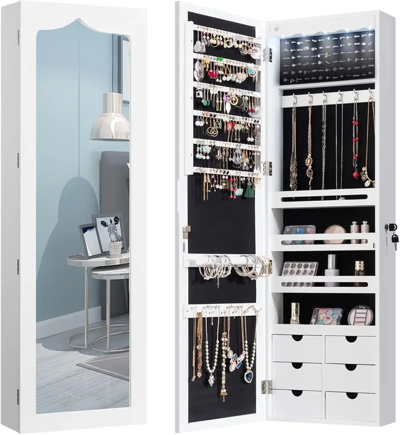 5 LEDs Mirror Jewelry Armoire Wall Mounted Door Hanging, Lockable Jewelry Cabinet with 47.5