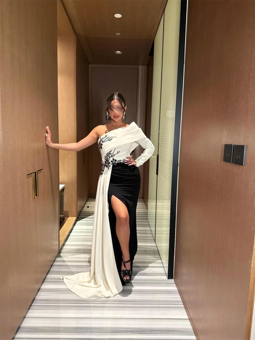 Customized Graceful One Shoulder Evening Dress and Exquisite Jersey Celebrity Gowns and Delicate Long Sleeves Party Dresses