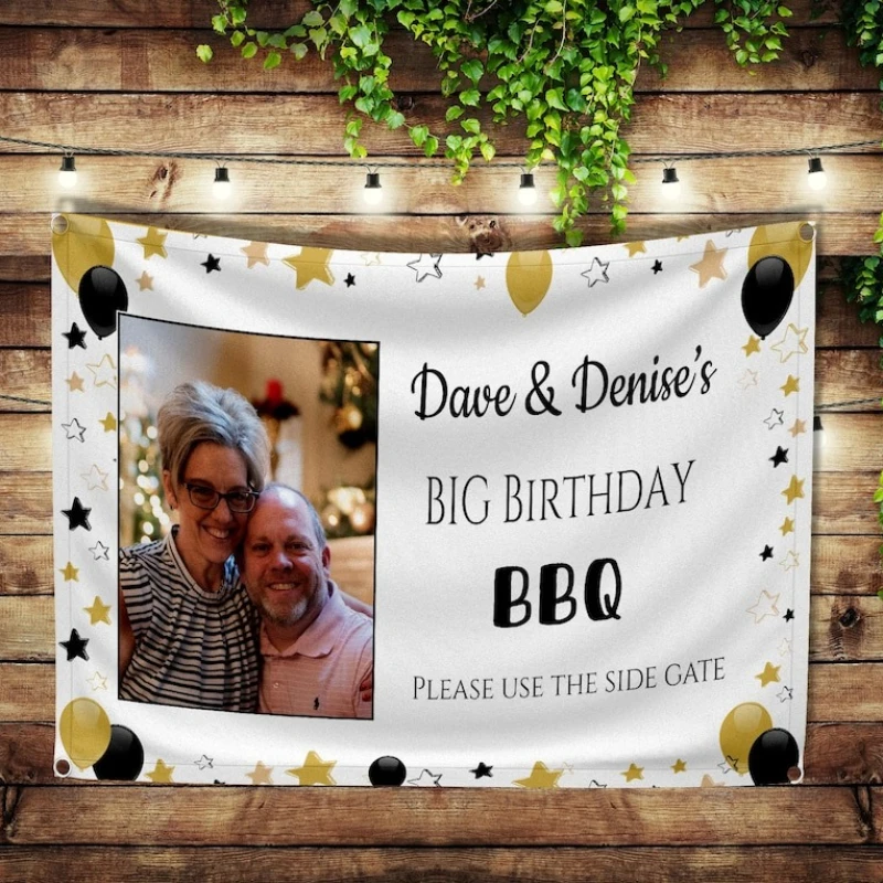 

Personalised Black & Gold Backdrop Customised Banner with Name Photo Any Message Flag Fabric Cloth Sign Outdoor Party Decoration