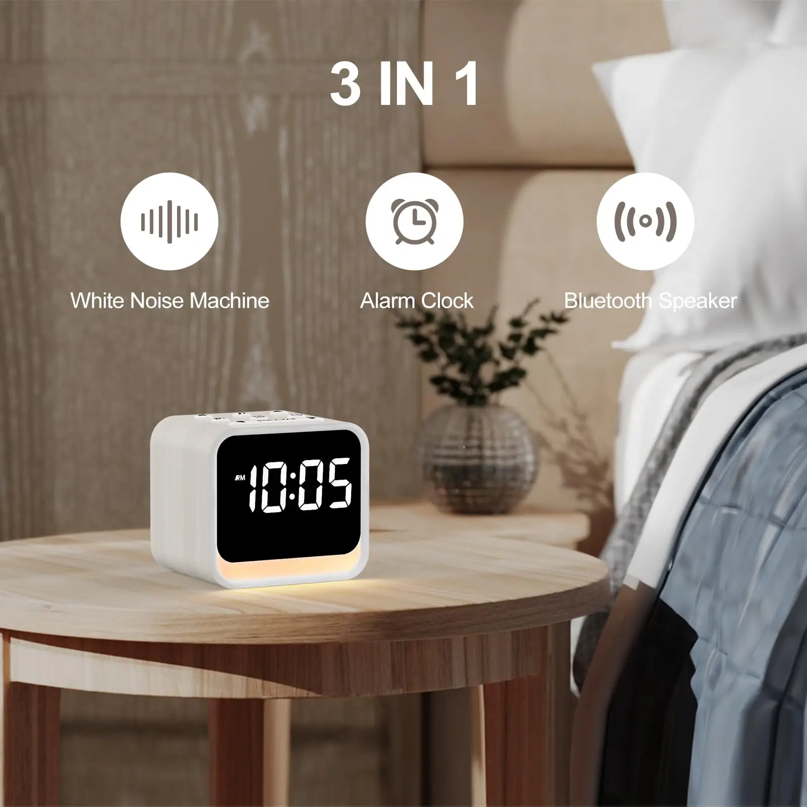 White Noise Machine Bedroom Alarm Clock, Bluetooth Speaker, Sound Library, Sleep Program, Brown Noise, Natural Sound Machine